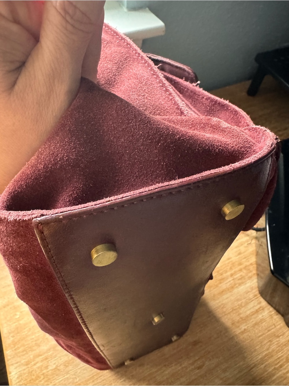 Burgundy Suede & Leather Satchel Tote with Gold Hardware - Picture 15 of 16